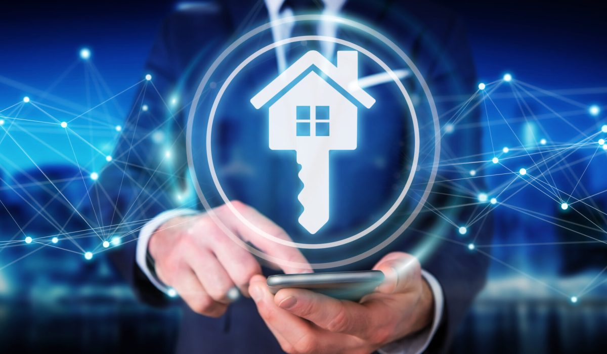 Businessman on blurred background using real estate digital interface 3D rendering